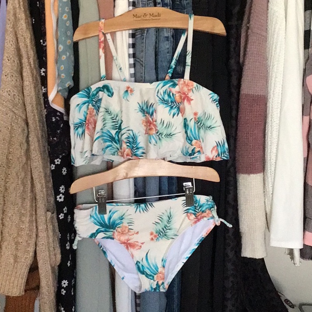 White tropical print swimsuit girls